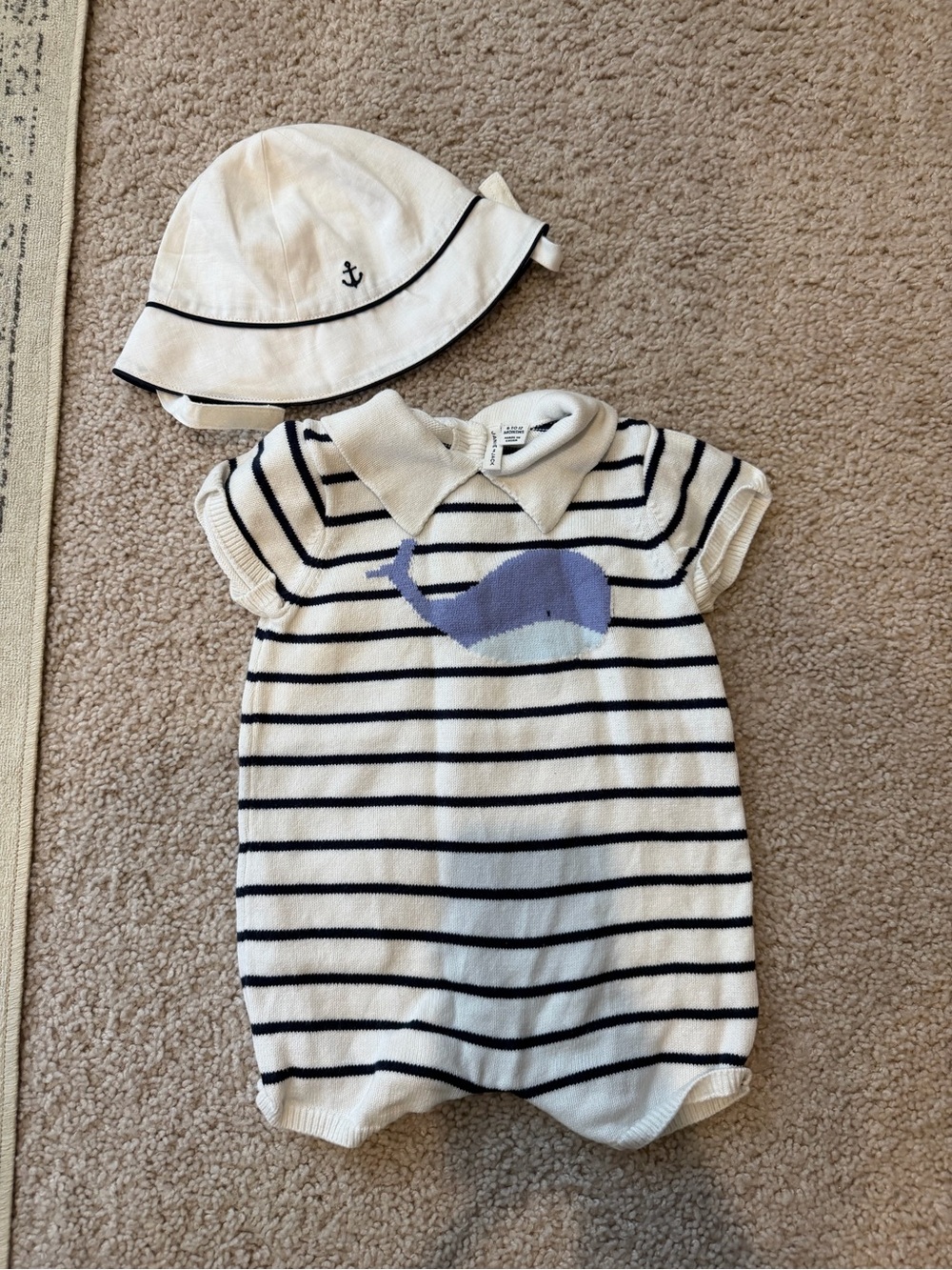 Janie and Jack Classic Striped Whale One-Piece with Sun Hat - Cream & Navy